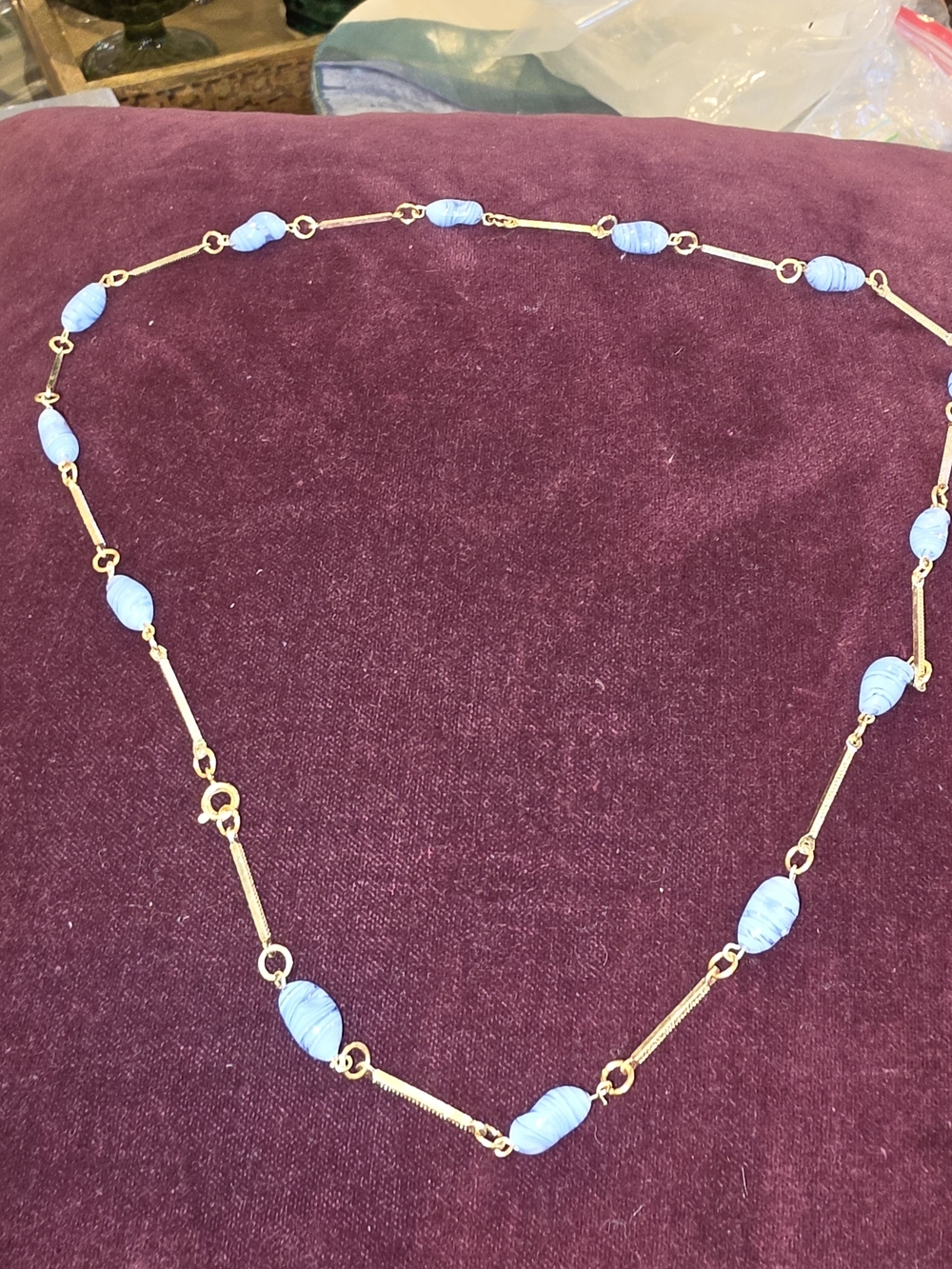 Gold Chain Necklace with Light Blue Beads
